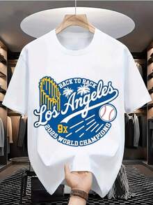 Unisex Short-Sleeved White T-Shirt With A  Baseball Champions Print. This  Vintage American Style Is Suitable For Casual Daily Wear, Sports, And Parties. It's A Breathable Summer T-Shirt, A Fashionable Men's Clothing Item, And Makes An Excellent Gift. Perfect For Parties And Everyday Wear, Vacations, And Family Outings. Ideal For Back To School And Street Style. Fashionable And Stylish, Perfect For Summer Casual Wear And Warm Weather. - 白色 - 查看 1