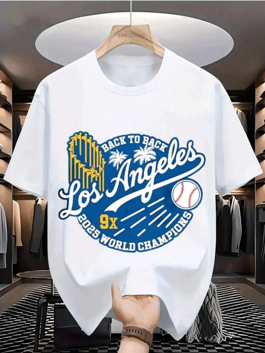 Unisex Short-Sleeved White T-Shirt With A Baseball Champions Print. This Vintage American Style Is Suitable For Casual Daily Wear, Sports, And Parties. It's A Breathable Summer T-Shirt, A Fashionable Men's Clothing Item, And Makes An Excellent Gift. Perfect For Parties And Everyday Wear, Vacations, And Family Outings. Ideal For Back To School And Street Style. Fashionable And Stylish, Perfect For Summer Casual Wear And Warm Weather. - 白色 - 查看 1
