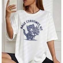 Women's Korean Style Summer Printed Cotton T-Shirt With Cat And Flower Print, Round Neck, Short Sleeve, Letter Print, Loose, Casual, Versatile, For Daily Wear, Beach, Party, Vacation, Roomy. - 白色 - 查看 4