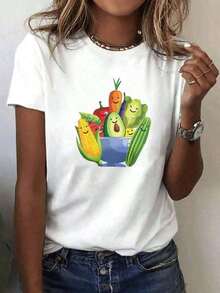 Women's Camisole With A Fun Fruit And Vegetable Print, Casual Short-Sleeved Summer Top, Colorful Modern Style For Everyday Wear And Outdoor Activities. Women's Summer T-Shirts, Printed, Loose-Fitting And Lightweight. Suitable As A Gift. Women's T-Shirt. Blouses > Elegant. Boho Chic. Soft, Breathable, And Comfortable Women's Top, Ideal For Spring, Summer, And Autumn, Perfect For Vacations, Travel, And Everyday Wear. - 白色的 - 查看 7