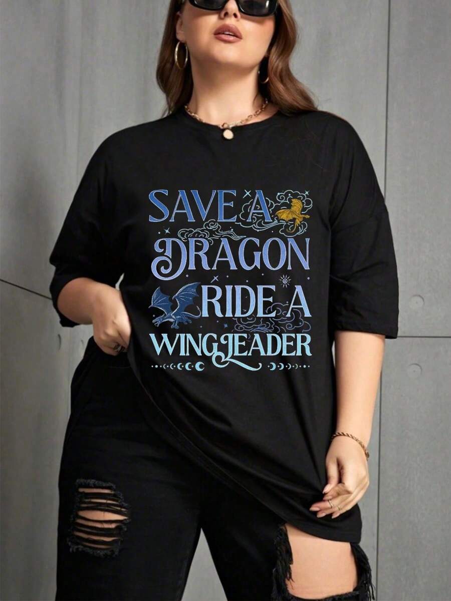 Women's Printed T-Shirt - Casual Short Sleeve Crew Neck T-Shirt In Black With Save A Dragon, Ride A Winged Horse Design, Relaxed Fit For All Seasons, Perfect For Everyday Wear And Holiday Outfits, Machine Washable. - 黑色 - 查看 1