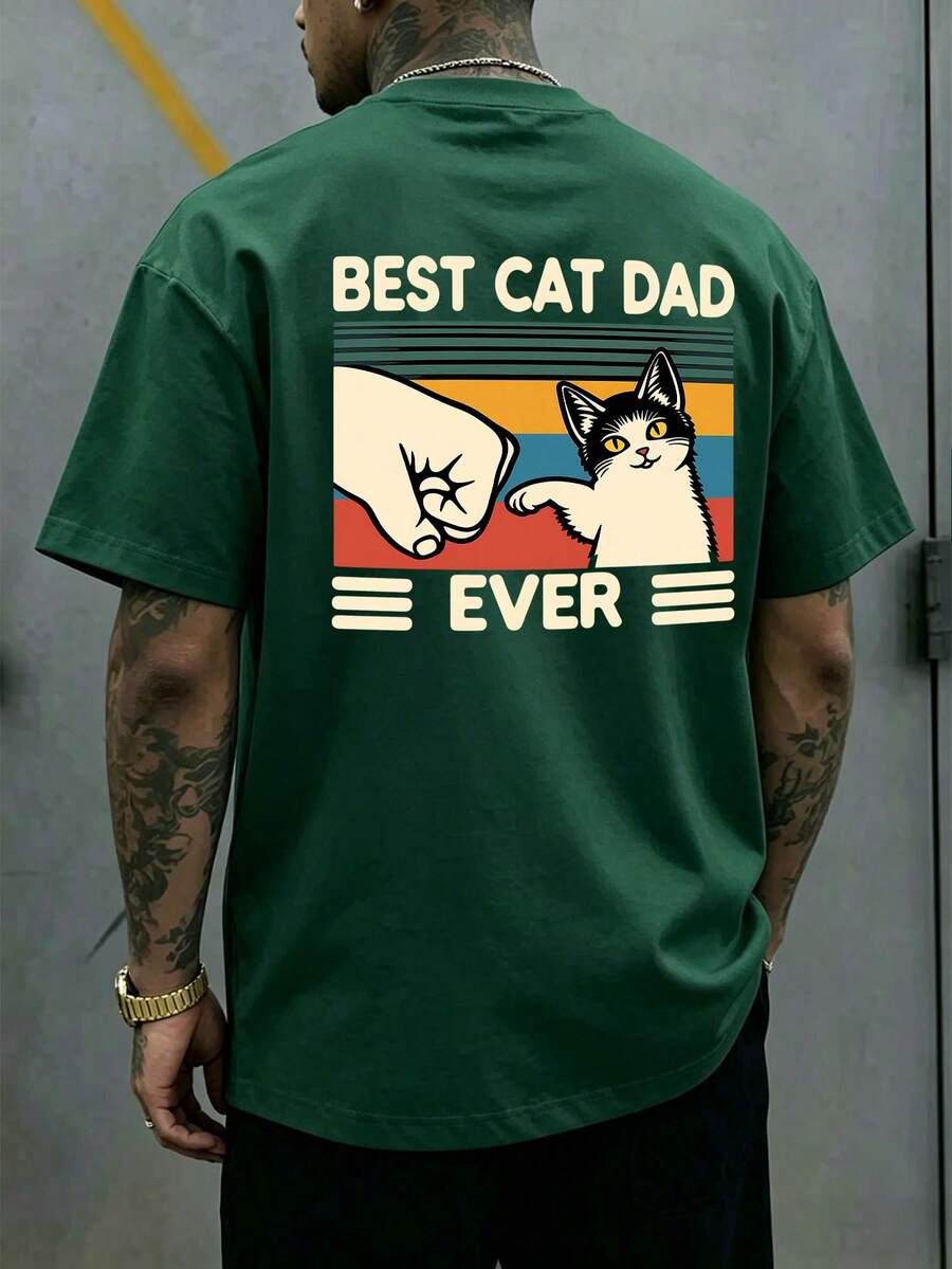 1 buah Kaos Kasual Lengan Pendek Bergaris Vintage dengan Gambar Kucing "Ayah Kucing Terbaik di Dunia", Cocok untuk Perjalanan Sehari-hari - Hijau - View 1