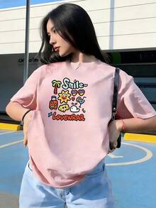 Summer Cartoon T-Shirt With "Smile~" Text, Fashionable Short-Sleeved T-Shirt For Spring And Summer 2026, Made In Mexico, 180 Grams. Cartoon Print, Couple Design, Suitable For Indoor Or Outdoor Wear. Crew Neck, Unisex, Ideal For Office And Leisure. One-Pack. - PK-P631577SLNDXZGY595 - 查看 3