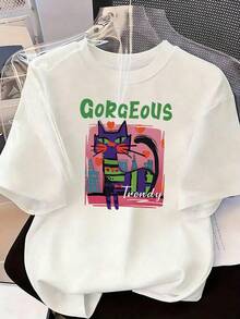 Purple Cat T-Shirt With Art Style And "Gorgeous" Text, Fashionable Short-Sleeve T-Shirt For Spring/Summer 2026, Made In Mexico, 180 Grams. Cartoon Print, Couple Design, Suitable For Indoor Or Outdoor Wear. Crew Neck, Unisex, Ideal For Office And Leisure. One-Pack. - WH-P631577SLNDXZGY612 - 查看 3