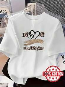 | Exquisite Design | Loose And Comfortable | Easy To Match | TH467 New Women's T-Shirt, With Leopard And Heart Line Prints, A Casual And Fashionable Printed T-Shirt, 100% Cotton, Round Neck, Short Sleeve, Sweat-Absorbing And Breathable, Casual Loungewear, Comfortable, Stylish And Unique, Suitable For Spring, Summer And Autumn, Versatile Short-Sleeved Sports T-Shirt, Breathable And Sweat-Absorbing, Also Suitable For Layering In Autumn And Winter. - 白色 - 查看 1
