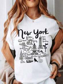 1 pieza Camiseta con símbolos e iconos de la ciudad de Nueva York para mujeres y hombres, unisex, estilo urbano, con diseño de la Estatua de la Libertad, el Empire State Building, el Puente de Brooklyn, el metro de Chinatown, el bagel, la pizza y más, ideal como regalo o recuerdo de viaje. Camiseta gráfica de manga corta con cuello redondo para mujer, estilo casual de verano, top festivo para Pascua, 4 de julio, Día de la Madre, Día de los Caídos. Blanca, manga corta, 180g, 100% algodón. - Blanco - Ver 1