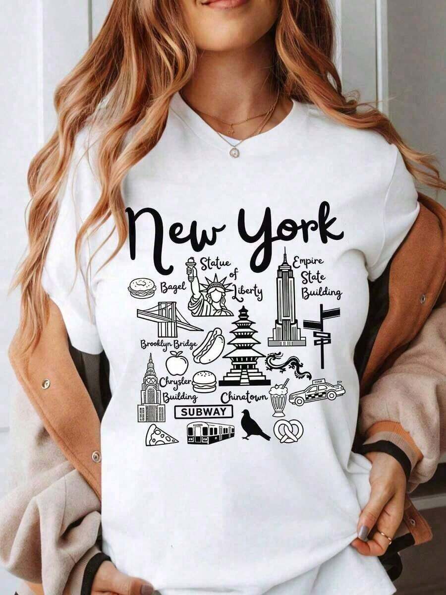 1 pieza Camiseta con símbolos e iconos de la ciudad de Nueva York para mujeres y hombres, unisex, estilo urbano, con diseño de la Estatua de la Libertad, el Empire State Building, el Puente de Brooklyn, el metro de Chinatown, el bagel, la pizza y más, ideal como regalo o recuerdo de viaje. Camiseta gráfica de manga corta con cuello redondo para mujer, estilo casual de verano, top festivo para Pascua, 4 de julio, Día de la Madre, Día de los Caídos. Blanca, manga corta, 180g, 100% algodón. - Blanco - Ver 1