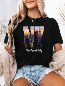 | Exquisite Design | Loose And Comfortable | Easy To Match | Spring/Summer Casual T-Shirt With New York City Letter Print, Short-Sleeved Crew Neck Sports T-Shirt, Women's Top. - 黑色 - 查看 7