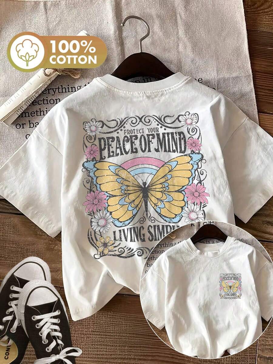 | Exquisite Design | Loose And Comfortable | Easy To Match | [Double-Sided Print] Women's Summer T-Shirt, Vintage Casual Style, Butterfly And Flower Print With The Phrase 'PROTECT YOUR PEA', Round Neck, Pure Cotton, Short Sleeve [Ling] - 白色 - 查看 1