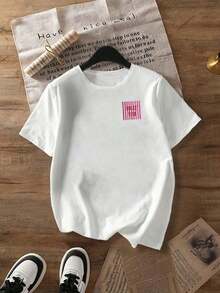 Short-Sleeved T-Shirt With Round Neck, Striped And Lettered, Versatile And Casual, Unisex Summer, Suitable For Casual Daily Outings, Short-Sleeved Summer Top, Retro Y2K Print T-Shirt. - White - View 3