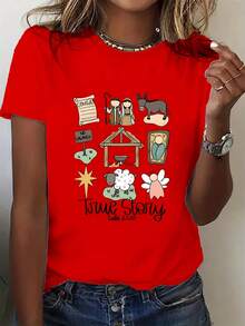 Women's T-Shirt With Christmas Nativity Story Design - True Story - Religious Red T-Shirt For Parties - Comfortable Crew Neck T-Shirt For All Seasons, Suitable For Church, Family Gatherings And Casual Wear - Machine Washable Short Sleeve T-Shirt, Christmas Themed Clothing, Soft Cotton T-Shirt - 紅色 - 查看 1