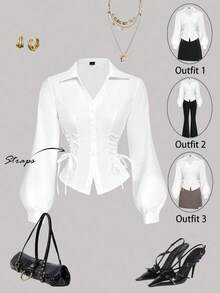 MOD Blusa blanca elegante con mangas de farol y cintura anudada, simple y versátil para el trabajo y el transporte, blusas elegantes para mujeres, camisa con lazo, blusa blanca con lazo delantero, blusas blancas elegantes, camisas y blusas, camisa con lazo, vintage, retro, estilo de dinero antiguo, blusas casuales para mujeres, blusas elegantes para mujeres, blusas de trabajo para mujeres, blusa ajustada, estilo baddie, vestido de San Valentín para mujeres, mujeres de primavera, vestido de San Valentín para mujeres, mujeres de primavera, vacaciones de verano, blusas para mujeres de fiesta - Blanco - Ver 3