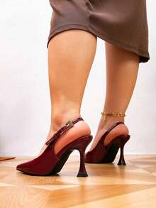 Wide Fit Black Glossy Buckle Decor Backstrap Stiletto Mid Heel Sandals, Fit For Casual, Evening Party, Fashion Dress Up For Plus Size Women - 酒紅色 - 查看 8