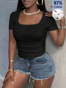Camiseta blanca básica, casual y sencilla con cuello en V, manga corta, ajustada, con fruncido lateral, acanalada y elástica para mujeres, para el verano - Negro - Ver 11