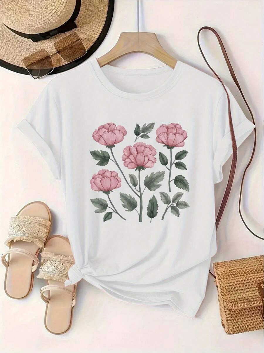 Women's T-Shirt With Floral Print, European And American Casual Style, Plus Size Women's Short Sleeve Round Neck T-Shirt, Sports Sweater. - 白色 - 查看 1