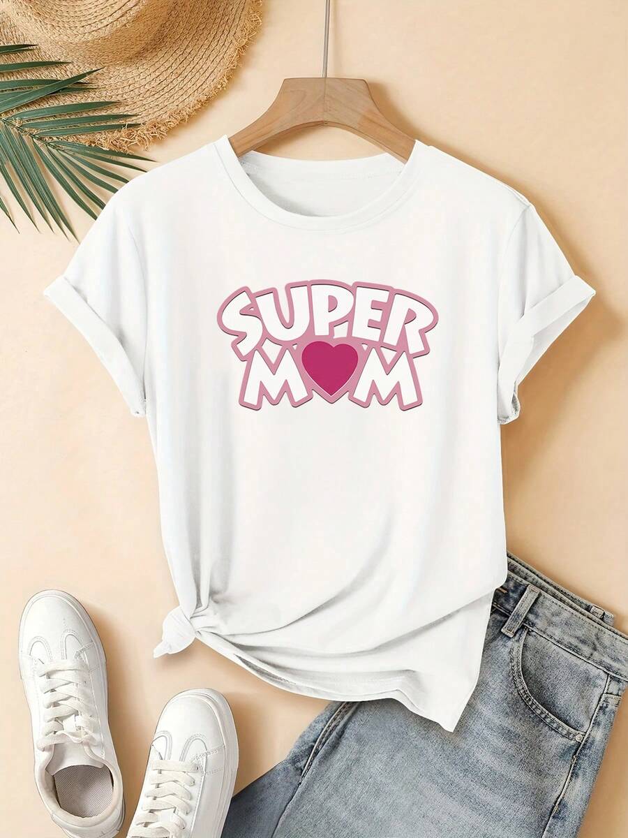 Women's T-Shirt With A "Super Mom" Heart Design, Modern And Cute, Short Sleeves And Round Neck, Machine Washable, Suitable For Young Women's Casual Street Style, A Great Gift Choice, Ideal For Home, Office And Other Occasions. - 白色 - 查看 1