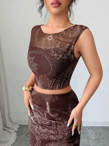 Vestido ajustado de mujer con abertura, de malla con efecto tie-dye degradado sin mangas, conjunto de 2 piezas - Café integral 5 - Ver 3
