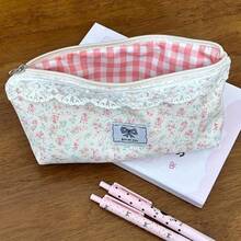 1pc Pink Floral Pencil Case - Large Capacity, Women'S Cosmetic Bag With Lace Trim & Red Checkered Lining, Mixed Colors, Perfect For School, Travel, And Storage/ Organization, Pencil Case Pouch, School Accessory Organizer, Durable Zipper Closure - Flower Pencil Case - View 2