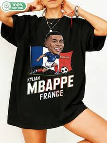 Kyliann Mbappé, French Football Player, Cartoon Graphic, 100% Cotton, Oversized T-Shirt, Y2K Streetwear, Unisex T-Shirt For Men And Women, Football Fans, Casual Sportswear Top. - Black - View 1
