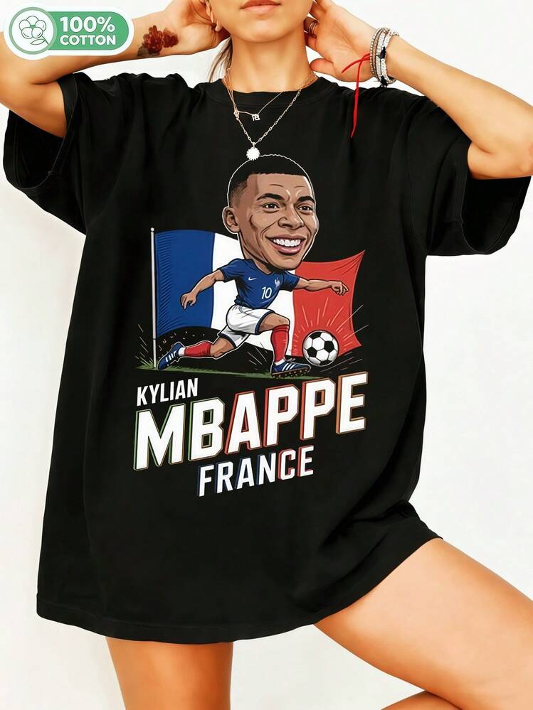 Kyliann Mbappé, French Football Player, Cartoon Graphic, 100% Cotton, Oversized T-Shirt, Y2K Streetwear, Unisex T-Shirt For Men And Women, Football Fans, Casual Sportswear Top. - 黑色 - 查看 1