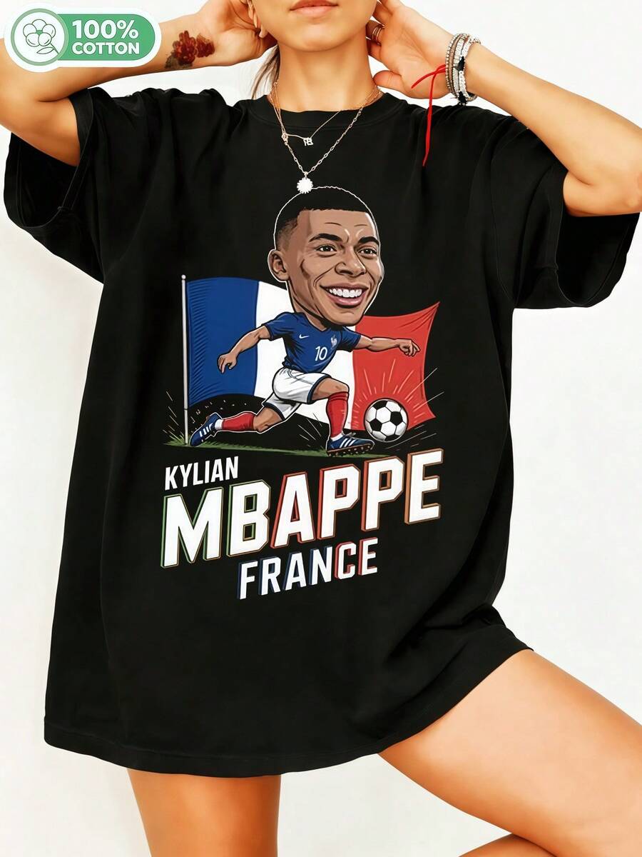 Kyliann Mbappé, French Football Player, Cartoon Graphic, 100% Cotton, Oversized T-Shirt, Y2K Streetwear, Unisex T-Shirt For Men And Women, Football Fans, Casual Sportswear Top. - Black - View 1