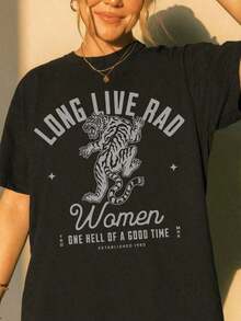 1 Piece Of Plus Size "Long Live The Wild Woman" T-Shirt | Vintage Women's Rights T-Shirt, Western Grunge Cowgirl Style, Crew Neck With Resist Print, Freedom T-Shirts 180g 100% Cotton - 2 - 查看 1