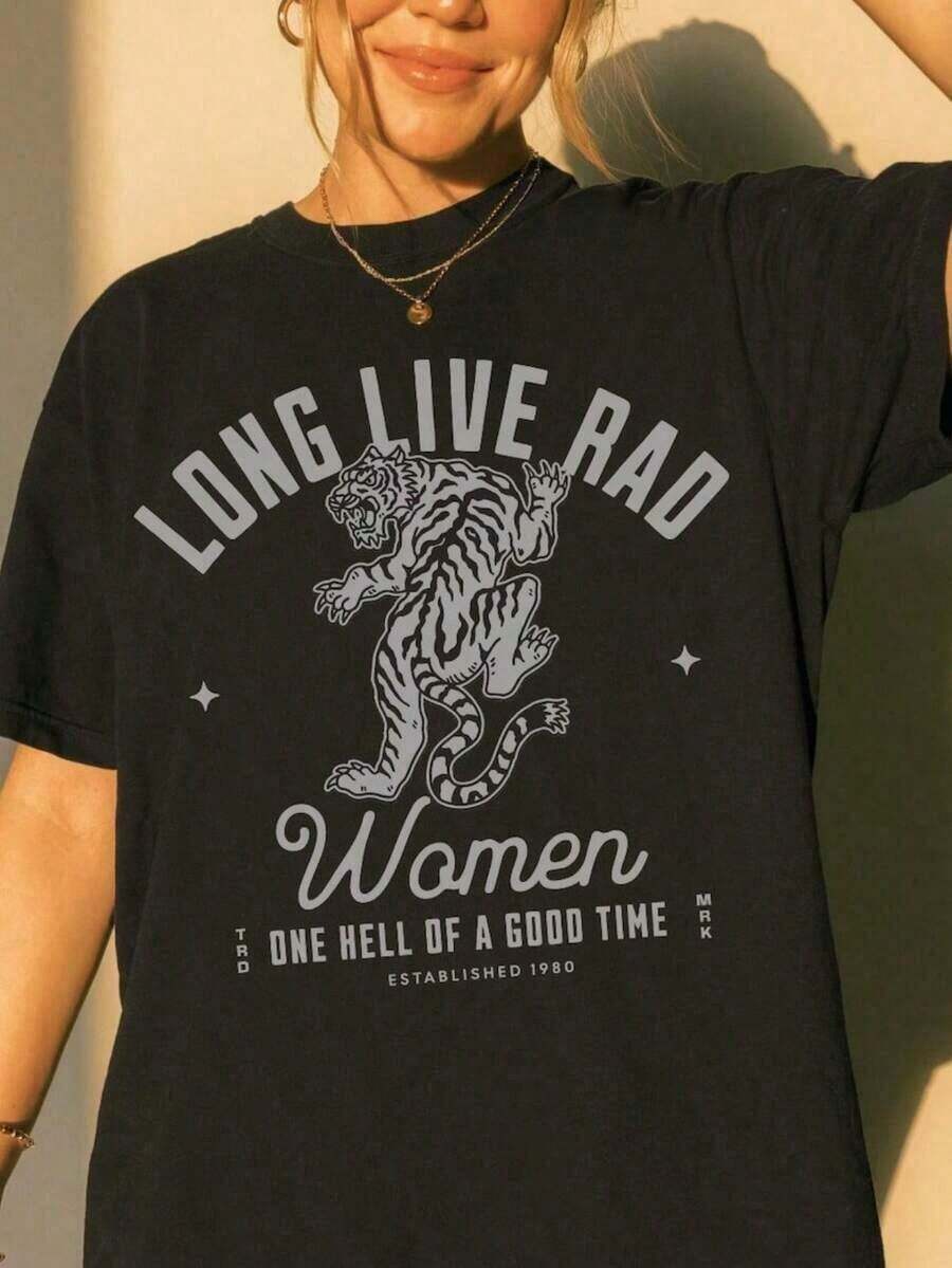 1 Piece Of Plus Size "Long Live The Wild Woman" T-Shirt | Vintage Women's Rights T-Shirt, Western Grunge Cowgirl Style, Crew Neck With Resist Print, Freedom T-Shirts 180g 100% Cotton - 2 - 查看 1