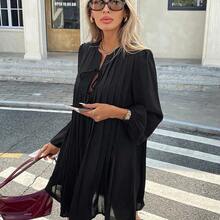 Vestido de manga larga a rayas, estilo francés, plisado, vestido negro de mujer de manga larga de temporada, ropa de mujer retro, elegante - Azul marino - Ver 6