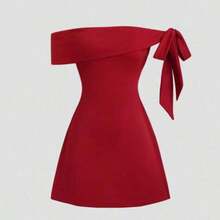 Vestido mini de línea A con cintura ajustada, hombros descubiertos, mangas con lazo asimétrico, adecuado para ir a trabajar, viajar y uso diario, primavera/verano - Burdeos - Ver 1