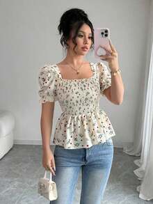 Blusa elegante de mujer con estampado floral diminuto y ajuste ceñido - Multicolor - Ver 1