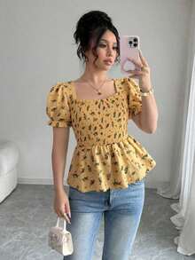 Blusa elegante de mujer con estampado floral diminuto y ajuste ceñido - Amarillo - Ver 1