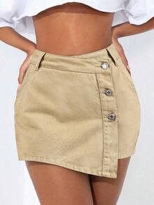 PETITE Short vaquero sexy con bolsillo frontal, cruce de cintura y abotonado para mujer - Caqui - Ver 1