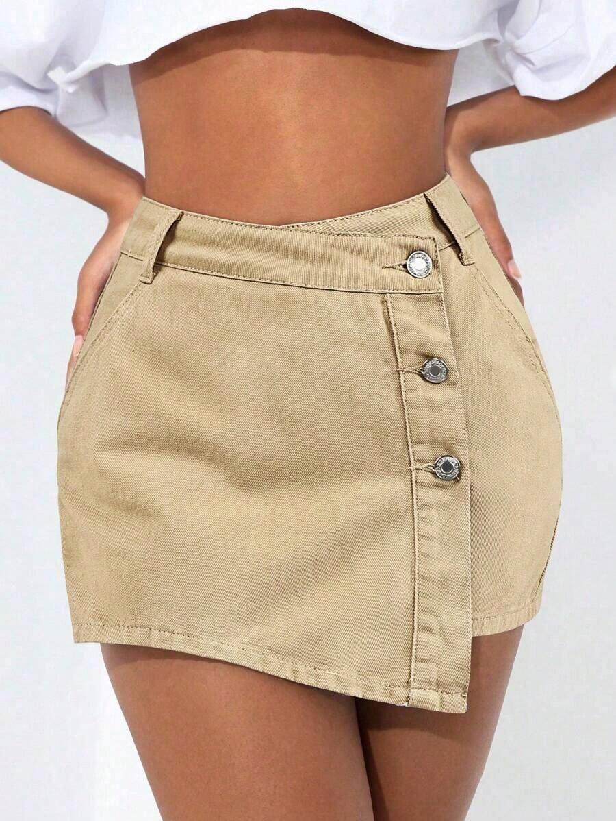 PETITE Short vaquero sexy con bolsillo frontal, cruce de cintura y abotonado para mujer - Caqui - Ver 1