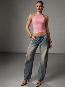 Top de tirantes ajustado y corto de color liso casual para mujer - Rosa - Ver 5