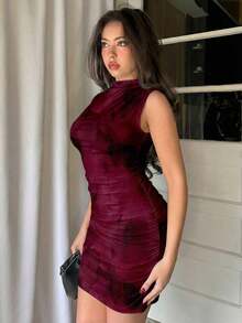 Vestido ajustado con fruncidos de estilo minimalista y sin mangas de unicolor para mujer - Multicolor 3 - Ver 3
