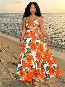 Vestido maxi elegante y casual para mujer de talla grande con estampado floral romántico, sin mangas, con cintura ceñida y nudo, tirantes de espagueti, para vacaciones en la playa, primavera y verano, para el verano en Hawái, vestidos de verano p - Naranja - Ver 3