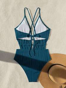 Traje de baño de una pieza con diseño de espalda descubierta, de unicolor, fashionable, para playa de verano, color blanco - Azul - Ver 5