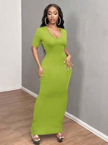 Vestido ajustado corto de manga corta con cuello en V liso para baile de graduación - Verde Oliva - Ver 7