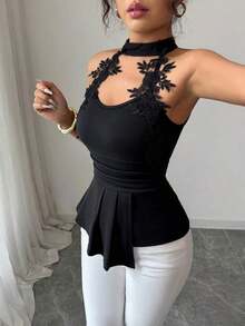 Blusa de mujer elegante de moda nueva para el verano con decoración de encaje bordado, cuello en V, bajo irregular sin mangas, silueta ajustada, adecuada para vacaciones, citas, actividades diarias, fiestas - Negro - Ver 4