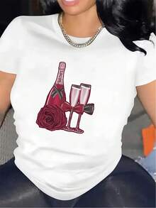 Women's Retro Vintage Short-Sleeved T-Shirt, Made Of Polyester Fabric, Casual Wear For Dining Or Lounging At Home, Featuring A Champagne Bottle And Rose Design, Lightweight And Durable, Perfect For Parties And Everyday Wear. - 白色 - 查看 12