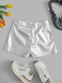 LUNE Shorts ajustados de piel sintética, casuales para el verano - Plateado - Ver 1