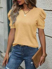 Selamara Camiseta casual de verano para mujer, de unicolor, cuello redondo y manga abullonada - Amarillo - Ver 4