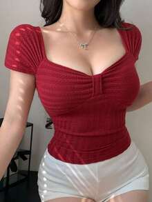 Camiseta ajustada de verano para mujer con escote palabra de honor, manga corta y hombros descubiertos, con detalle de nudo retorcido, top corto para mujer - Rojo - Ver 7