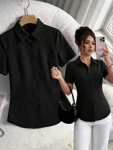 Camisa de mujer de manga corta, ajuste ceñido, con dobladillo curvo dividido, unicolor minimalista, para uso diario y casual en verano - Negro - Ver 4