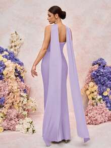 Vestido de dama de honor elegante, romántico, verde, tejido mate, decoración de cinta, hombros descubiertos, sin tirantes, entallado, cola de pez - Morado Violeta - Ver 3