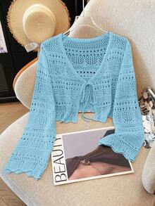 Top de punto nuevo de color sólido, cárdigan de encaje de ganchillo hueco, suéter de punto ligero y versátil para mujer. - Azul menta - Ver 6