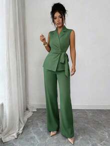 Conjunto elegante y romántico de blazer y corbata de moño para vacaciones y oficina para mujeres - Verde Oscuro - Ver 5
