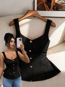 Top de tirantes anchos con cuello cuadrado, abotonado delantero, cintura plisada y ajustado para mujer, unicolor y elegante - Negro - Ver 8