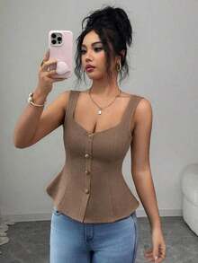 Top de tirantes anchos con cuello cuadrado, abotonado delantero, cintura plisada y ajustado para mujer, unicolor y elegante - Marrón Mocha - Ver 3