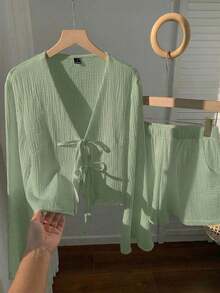Conjunto de blusa con amarre al frente y shorts con estampado de anacardo para mujer, en estilo bohemio - Verde Oliva - Ver 2